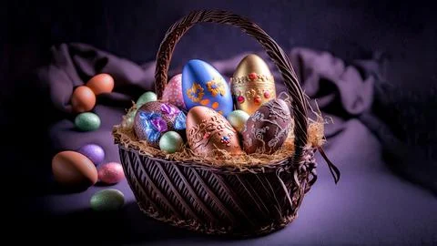 Glowing Colorful Easter Eggs Basket on Purple Silk Backdrop And Copy Space... Stock Illustration