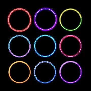 Glowing colorful neon circle frames set on black Stock Illustration