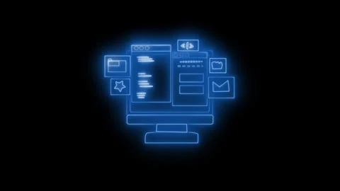Glowing computer monitor with code and app icons Stock Footage 325252267