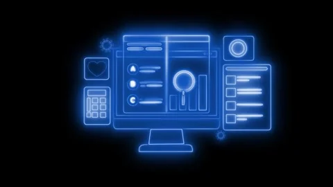 Glowing computer monitor with data analytics interface animation Stock Footage 325250824