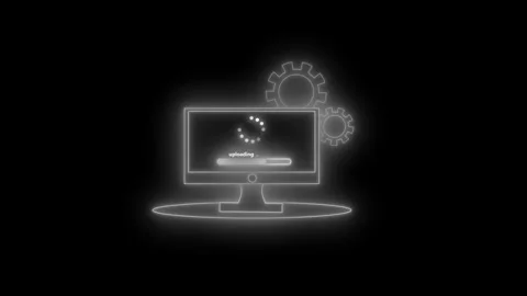 Glowing computer screen with upload progress bar and gears animation Stock Footage 336887972