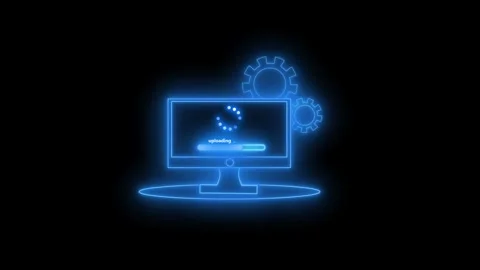 Glowing computer screen with upload progress bar and gears animation Stock Footage 336887973
