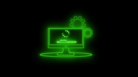 Glowing computer screen with upload progress bar and gears animation Stock Footage 336887977
