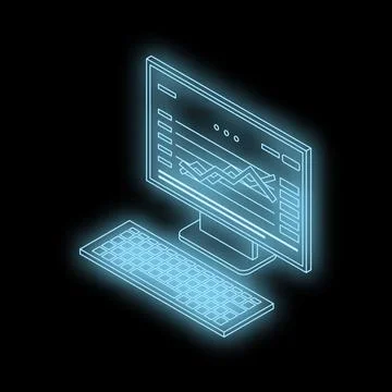 Glowing computer showing charts on screen with keyboard in dark background Stock Illustration