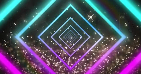 Glowing concentric neon diamond frames receding into abstract digital tunnel, 스톡 일러스트