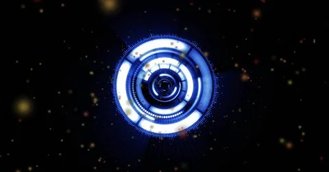 Glowing concentric-ring interface, central lens floating in dark void, Stock Illustration