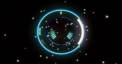 Glowing concentric ring pulsing in black void, with white progress arc, inner Stock Photos