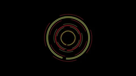 Glowing concentric rings rotating on black background digital animation loop Видео 343854520
