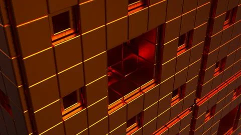 Glowing Copper Geometric Wall with Recessed Squares and Metallic Texture 3d.. Stock Illustration