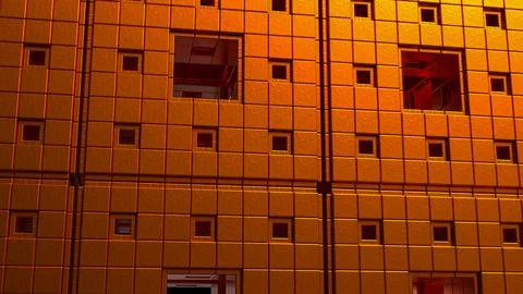 Glowing Copper Geometric Wall with Recessed Squares and Metallic Texture 3d.. Stock Illustration