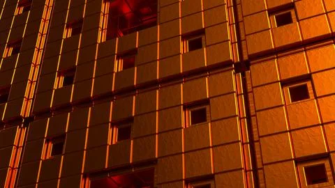 Glowing Copper Geometric Wall with Recessed Squares and Metallic Texture 3d.. Stock Illustration