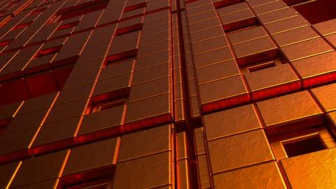 Glowing Copper Geometric Wall with Recessed Squares and Metallic Texture 3d.. Illustration