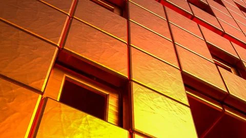 Glowing Copper Geometric Wall with Recessed Squares and Metallic Texture 3d.. Illustration
