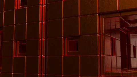 Glowing Copper Geometric Wall with Recessed Squares and Metallic Texture 3d.. Illustration