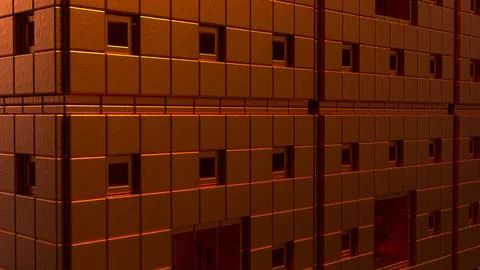 Glowing Copper Geometric Wall with Recessed Squares and Metallic Texture 3d.. Illustration