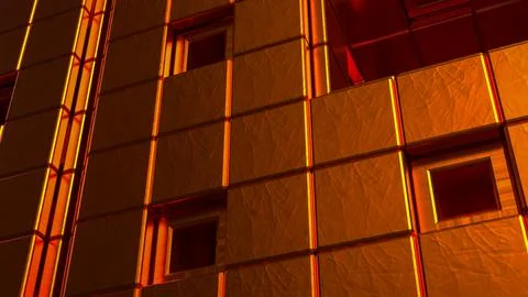 Glowing Copper Geometric Wall with Recessed Squares and Metallic Texture 3d.. Illustration