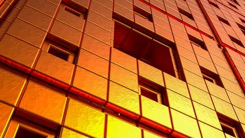 Glowing Copper Geometric Wall with Recessed Squares and Metallic Texture 3d.. Illustration