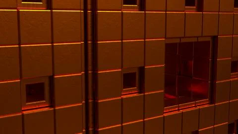 Glowing Copper Geometric Wall with Recessed Squares and Metallic Texture 3d.. Stock Illustration