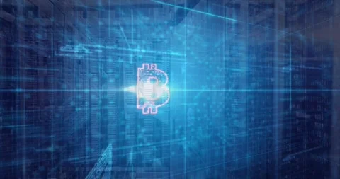 Glowing core appearing, pulsing beams revealing circuits, drifting bitcoin icons Stock Footage 317264788