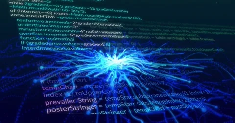 Glowing core emerging at center, tendrils extending and code lines sliding, Stock Footage 329699842