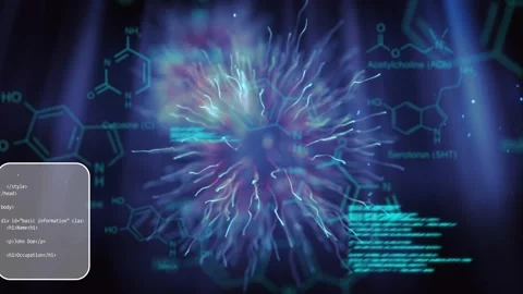 Glowing core emerging from light column, sending tendrils and forming UI panels Stock Footage 334729377