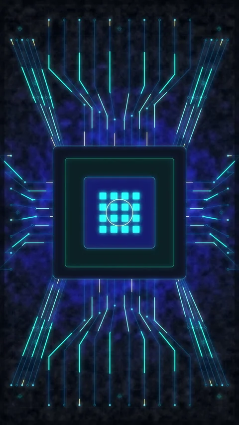 Glowing CPU microchip with digital circuit traces and data transfer Stock Footage 347203677