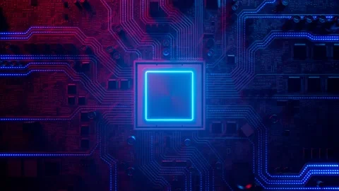 Glowing CPU Microprocessor on Circuit Board with Neon Data Flow Stock Footage 145766910