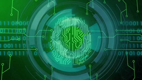 Glowing crescent lighting causing HUD ring moving mid rotating forming circuit Stock Footage 335761731
