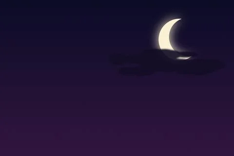 Glowing crescent moon behind dark clouds in deep purple night sky halloween.. Ilustración de archivo