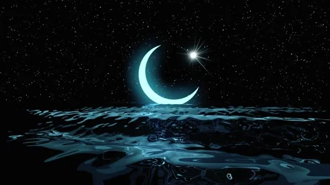 Glowing crescent moon rising over dark ocean waves under starry night sky with 動画素材 344516307