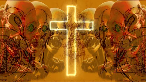 Glowing Cross and Distorted Faces: A Surreal Depiction of Faith and Fear Stock Footage 311015008