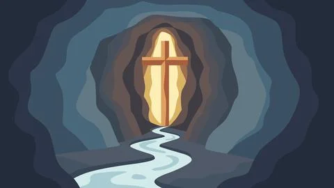 Glowing Cross in Cave with Path of Light Easter Resurrection Faith Illustrati Stock Illustration
