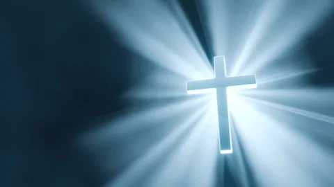 A glowing cross emitting blue light rays against a dark background Stock Footage 341679434