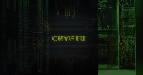 Glowing CRYPTO commanding central dark panel in data center, showing racks, Stock Illustration