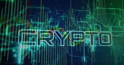 Glowing CRYPTO logo pulsing on digital trading dashboard, showing candlestick Stock Illustration