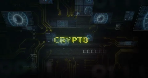 Glowing CRYPTO text surrounded by digital circuits and technology symbols Stock Footage 304764621