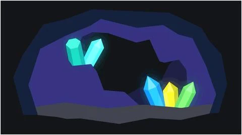 Glowing crystal formation inside dark underground geological cave with gemsto Stock Illustration