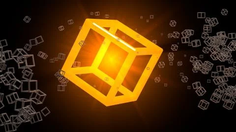 Glowing cube floating in abstract space. Many small objects around. Three-dim Stock Illustration
