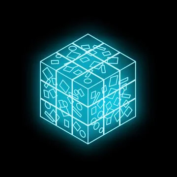 Glowing cube with geometric shapes representing complex data analysis and f.. Stock Illustration