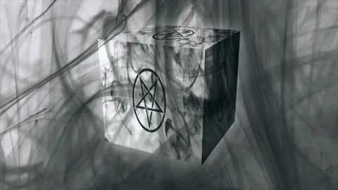 Glowing cube with a magic symbol. Black and white background Stock Footage 141047097