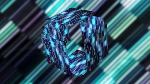 Glowing cube opens in cyberspace. Motion. Virtual 3D cube opens as prize in game Stock Footage 169409261