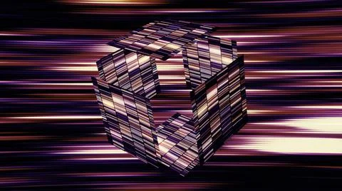 Glowing cube opens in cyberspace. Motion. Virtual 3D cube opens as prize in game Stock Illustration