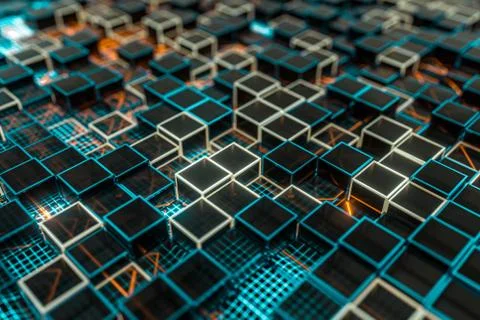 Glowing cubes block, glass material, 3d rendering. Stock Illustration