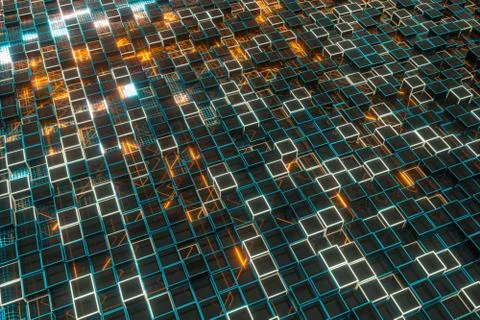 Glowing cubes block, glass material, 3d rendering. Stock Illustration