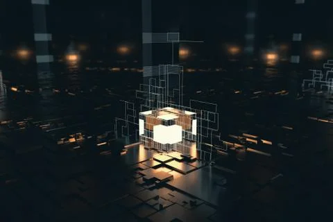 Glowing cubes with circuit lines with dark background, 3d rendering. Illustrazione stock
