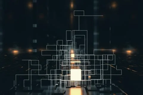 Glowing cubes with circuit lines with dark background, 3d rendering. Illustrazione stock
