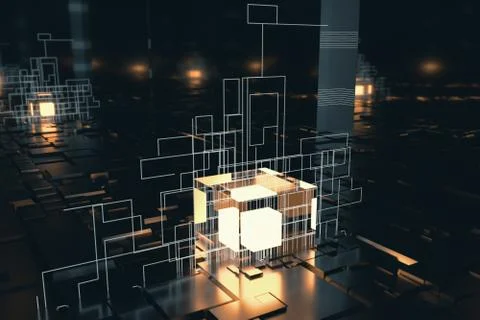 Glowing cubes with circuit lines with dark background, 3d rendering. Stock Illustration