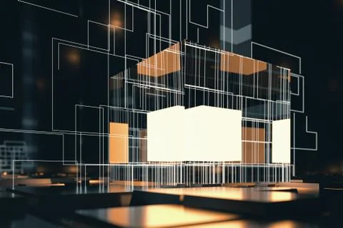 Glowing cubes with circuit lines with dark background, 3d rendering. Illustrazione stock