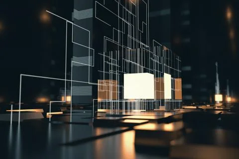 Glowing cubes with circuit lines with dark background, 3d rendering. 스톡 일러스트