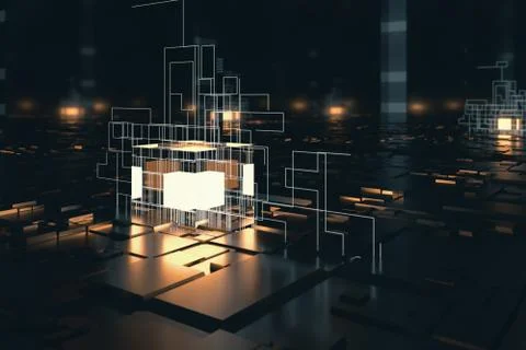 Glowing cubes with circuit lines with dark background, 3d rendering. Illustrazione stock